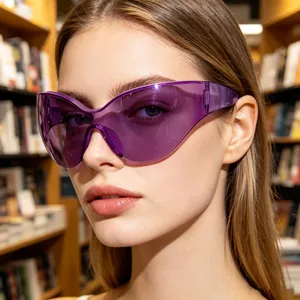 Close-up of woman wearing oversized purple wrap-around sporty sunglasses in a library
