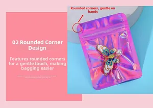 Detail of laser pink self-sealing jewelry bag featuring rounded safety corner design