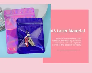 Close-up of holographic ziplock bags showing multi-color reflection and premium texture