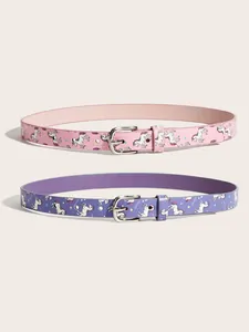 Detailed view of pink and purple children's belts featuring unicorn and star prints.