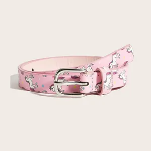 Pink children's belt featuring colorful unicorn and star prints with a silver buckle.