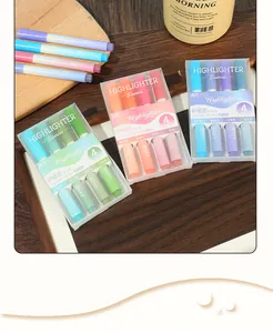 Detailed view of pastel color highlighter pen sets for students on a wooden desk