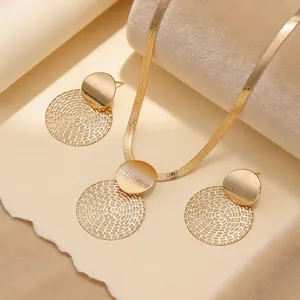 Elegant gold-plated snake chain necklace and geometric brushed metal earrings jewelry set
