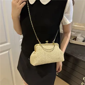 Chic woven chain crossbody bag in cream white with vintage gold metal frame clasp