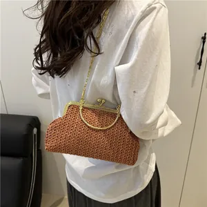 Women's brown woven chain shell bag with gold hardware for casual shoulder styling