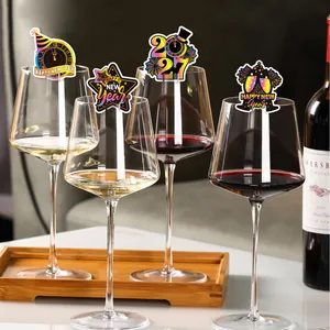 Festive 2027 Happy New Year party wine glass decoration cards featuring neon designs