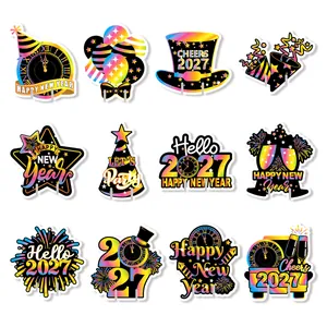 Colorful 2027 New Year party cup decoration cards with vibrant rainbow foil patterns