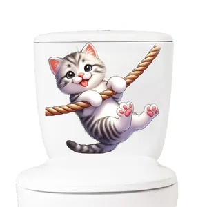 Cute grey tabby kitten hanging on rope waterproof PVC toilet seat cover decal sticker