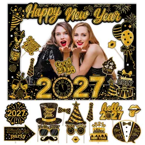 2027 New Year photo booth props set with black and gold glitter frame and accessories