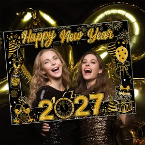 Glittery black and gold 2027 New Year photo booth frame prop for party decorations