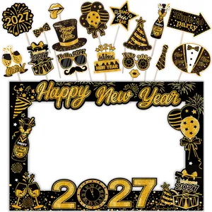 2027 Happy New Year Party Photo Booth Props Set Black Gold Glitter Paper Frame Handheld Props For New Year Eve Party