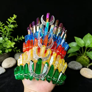 Handmade colorful natural crystal crown headband with silver crescent moon ornament.