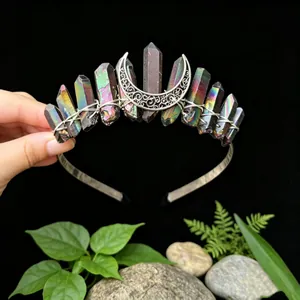 Detailed view of handcrafted rainbow crystal crown headband with a silver crescent moon
