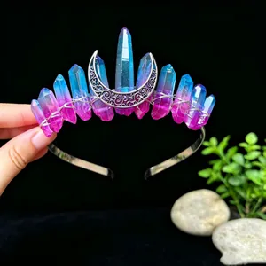 Handmade 11pcs natural crystal crown headband featuring a silver crescent moon ornament