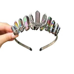 Handmade crescent moon crystal crown headband with 11 colorful aura quartz points