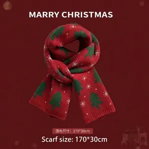 Écharpe de Noël rouge jacquard avec sapins verts et flocons blancs, taille 170x30cm