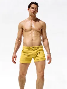 Men Slim Fit Casual Denim Shorts Solid Yellow Stretch Cotton Twill Cuffed Hem Fashion Shorts Five Pockets Summer Shorts For Men