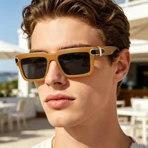 Stylish amber square sunglasses for men, premium lifestyle outdoor sun protection.