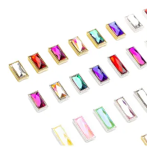 Rectangle nail art rhinestones with gold and silver metal borders in various colors