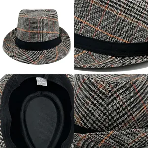Klassischer Herren-Fedora-Hut mit Karomuster in Grau und schwarzem Zierband