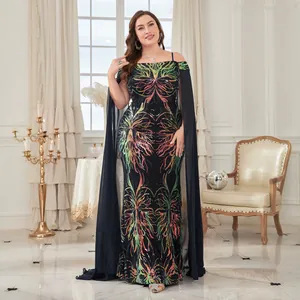 Elegant off-shoulder sequin evening gown with a long cape and colorful floral pattern