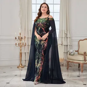 Elegant off-the-shoulder sequined evening gown with long sheer cape sleeves for parties