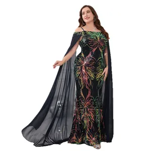 Plus size off-shoulder sequined evening gown with long sheer cape and floral patterns