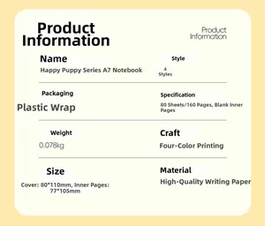 Detailed product specifications for A7 notebook featuring 160 pages of premium paper