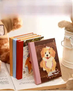 Detailed view of stacked A7 mini notebooks with cute dog illustration covers.