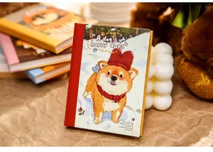 Close-up of A7 notebook featuring a cute Shiba Inu illustration on a brown background