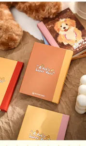 Close-up of A7 notebook cover with 'A dog's happy days' text and puppy theme