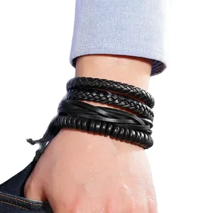 Retro multi-layer black woven leather bracelet set for men with bohemian style design