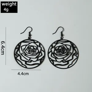 Detailed view of black rose hollow round drop earrings with dimensions shown