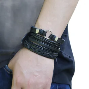 Handmade multilayer braided black leather bracelet with metal ring for men and women