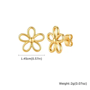 Vue détaillée des boucles d'oreilles fleur creuse avec mesures de taille et poids