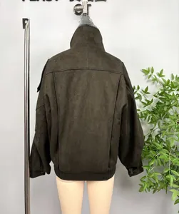 Detailed back view of a women's oversized suede bomber jacket in dark olive green