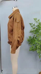 Detailed side profile of a premium brown oversized faux suede bomber jacket for women
