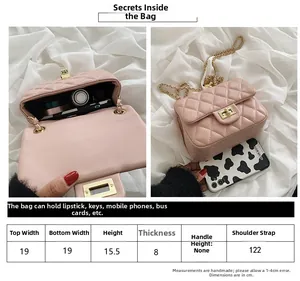 Size chart for pink quilted crossbody bag with golden chain and dimensions 19x15.5x8cm