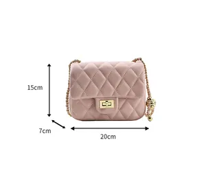 Pink quilted crossbody bag details showing 20cm x 15cm x 7cm dimensions with gold chain
