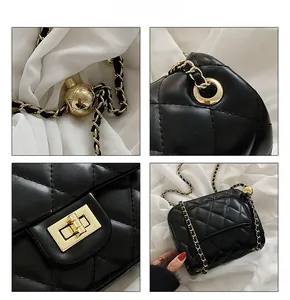 Detailed views of black quilted leather bag with gold chain strap and metal ball charm