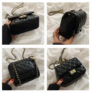 Detailed four-angle view of black quilted leather chain bag with golden ball adjustment