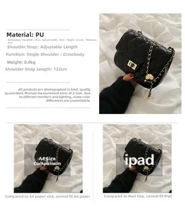 Detail showing dimensions of quilted crossbody bag with gold chain and ball adjuster