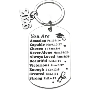 Close-up of stainless steel 2026 graduation keychain with engraved Bible verses