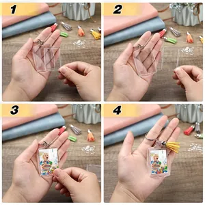 Step-by-step DIY assembly guide for clear acrylic photo frame keychain with tassels