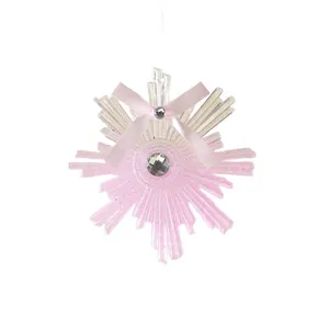 Elegant pink glittery acrylic snowflake Christmas tree ornament with a ribbon bow detail