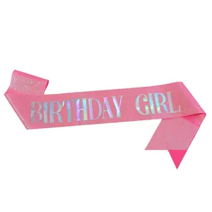Sparkling pink glitter birthday girl sash with holographic iridescent silver text