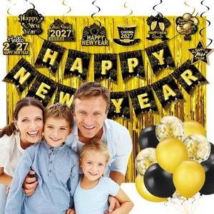 Festive 2027 New Year party decoration set with black gold banner and foil balloons