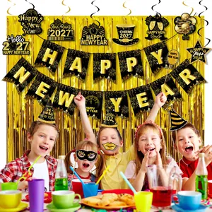 2027 New Year party decoration set with Happy New Year banner and gold foil curtain