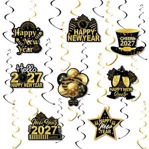 Detailed view of 2027 New Year party hanging swirls and ornaments in black and gold