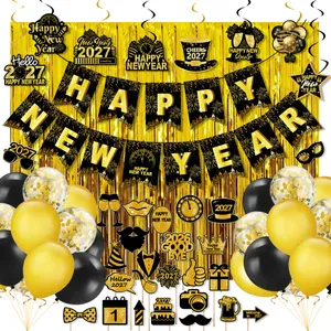 2027 New Year Party Decoration Set with Fringe Curtain, Banner, Balloons, and Photo Props
